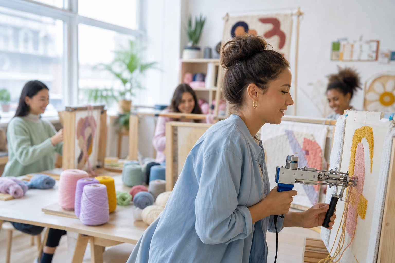 Tufting-Workshop in Hamburg – Tufting Gun und Teilnehmerinnen